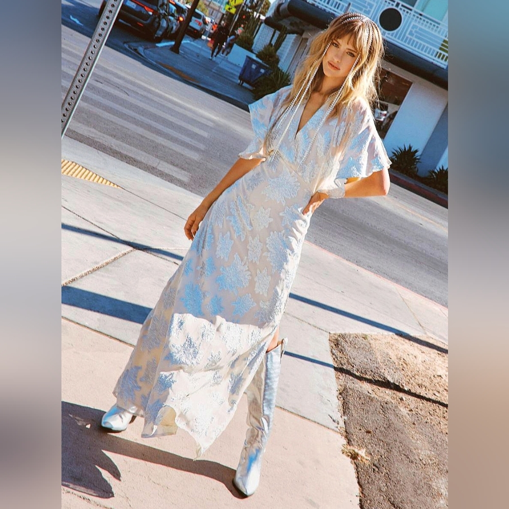 Metallic Angel Sleeve Open Back Maxi Dress